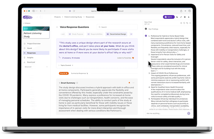 Laptop showing inVibe dashboard with voice data and transcripts
